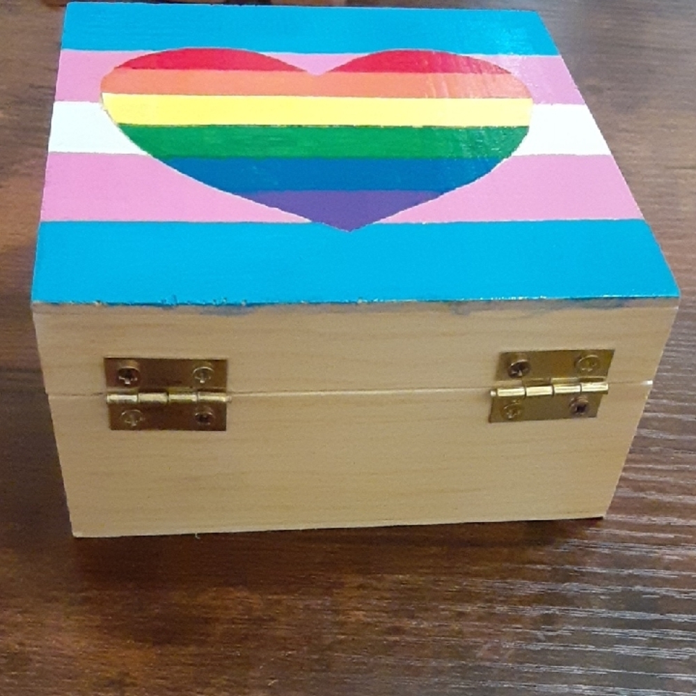 Wooden Trinket Box with Hand-Painted Rainbow Heart & Trans Pride Stripes - Picture 6 of 8